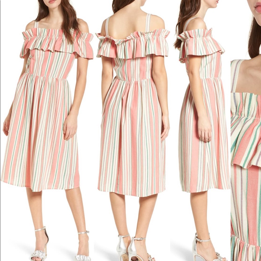 BP Stripe Ruffle Cord Shoulder Dress